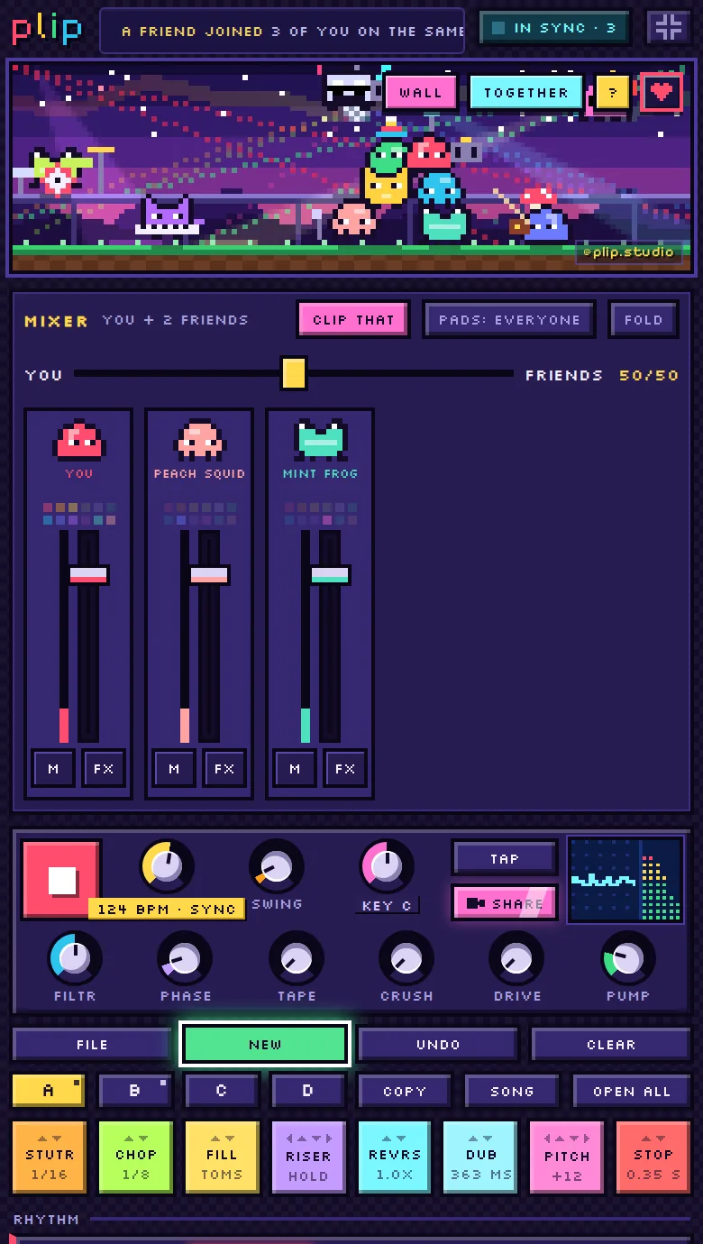 plip in TOGETHER on a phone: three phones in sync, friends' critters on the party, and the mixer with YOU, PEACH SQUID and MINT FROG